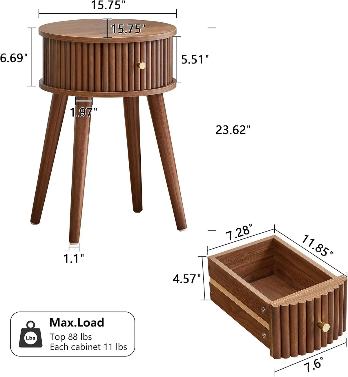 Mid Century Modern Round Fluted Side Table Set With Drawer