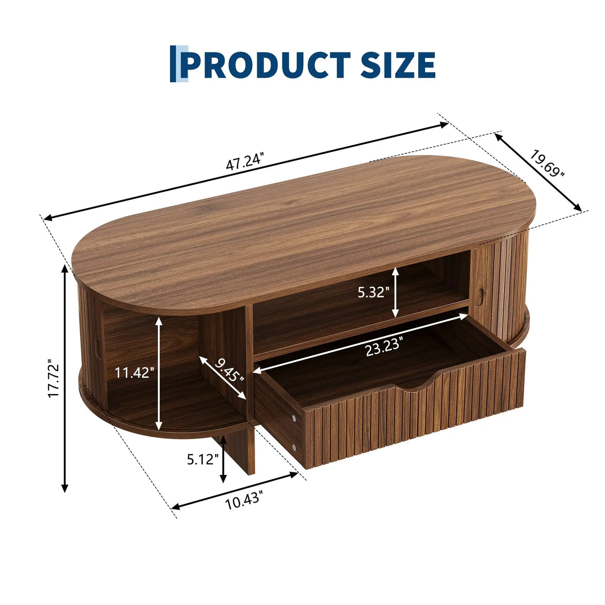 HiMiss Modern Fluted Wood Oval Coffee Table With Storage