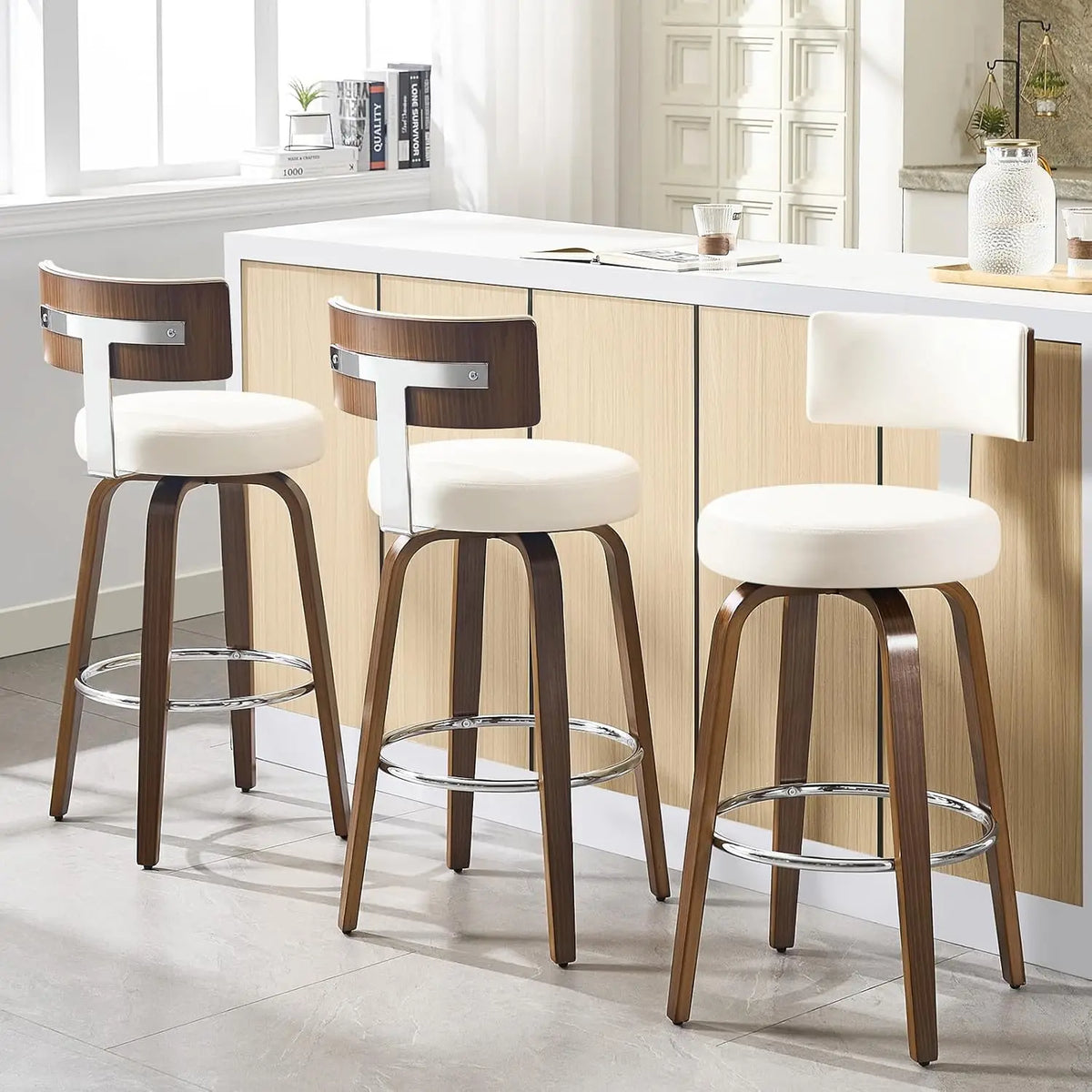 Elegant Kitchen Bar Stools With Leather Cushions And Wood Frames