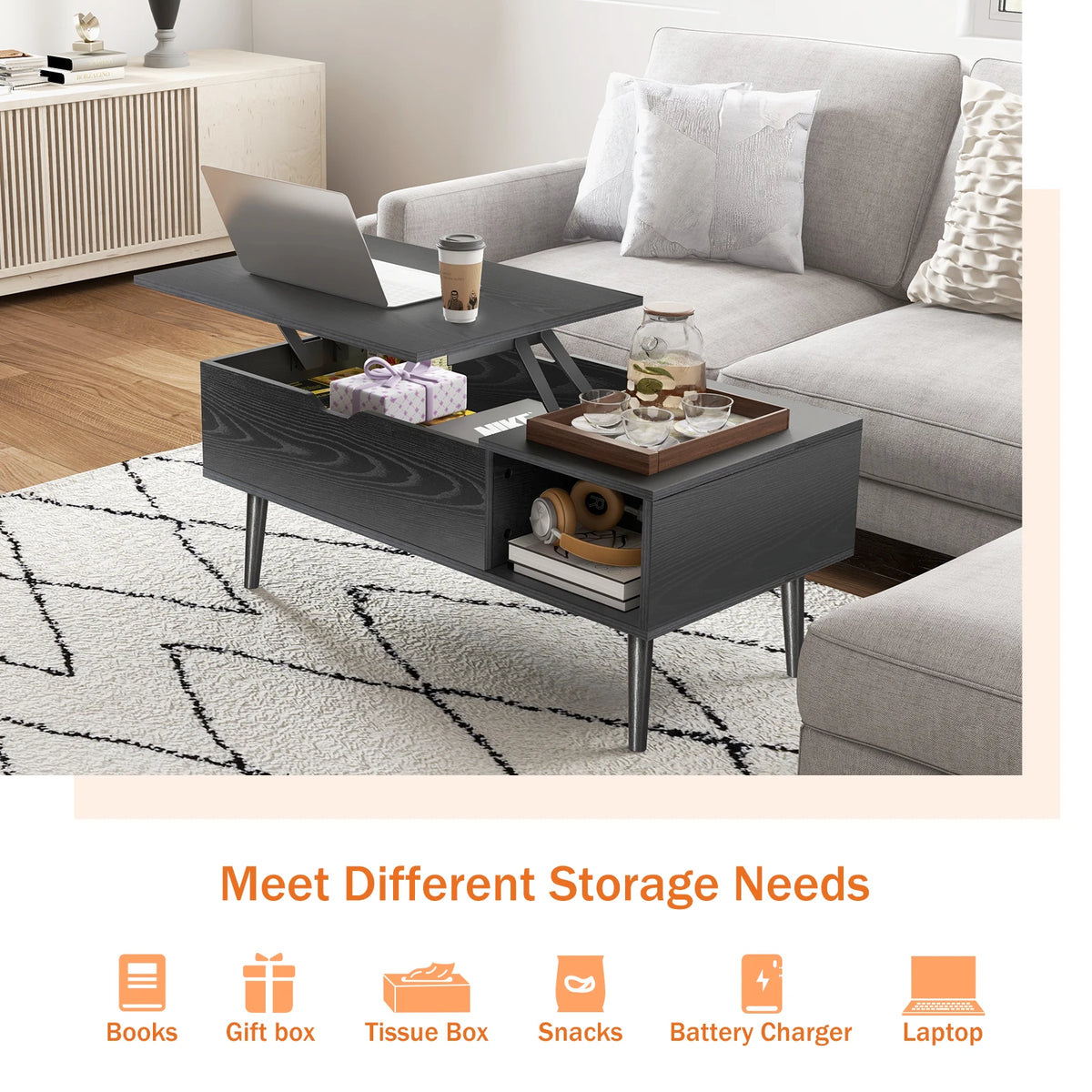 Jhk Wood Lift Top Coffee Table With Adjustable Storage Shelf