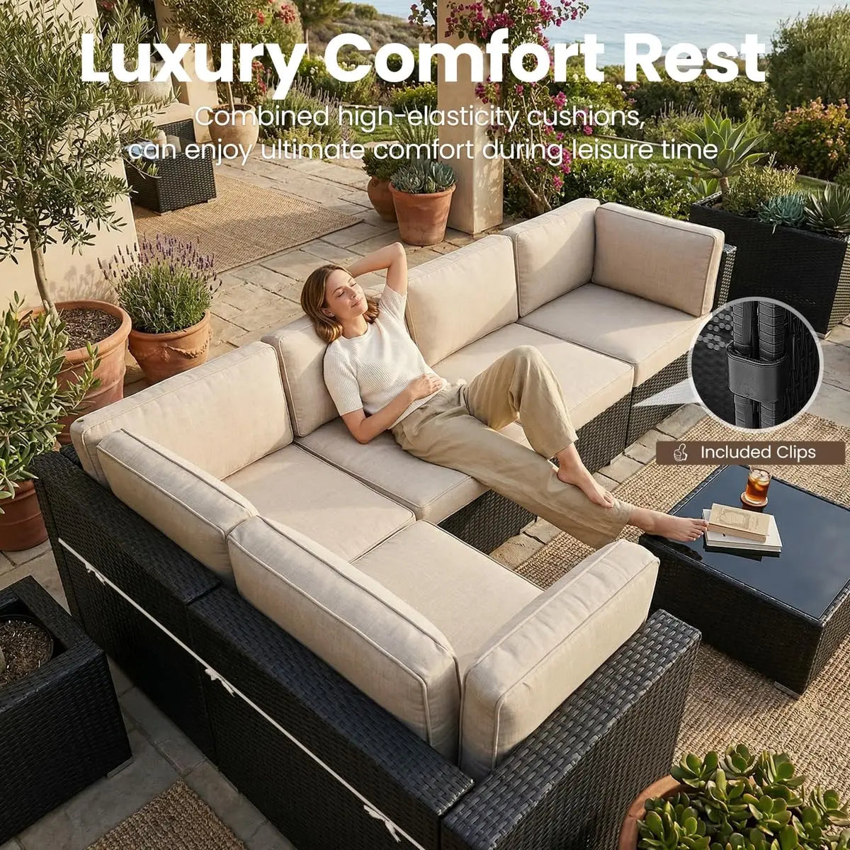 Xiaolang Outdoor Wicker Patio Sofa Set With Fire Pit Table