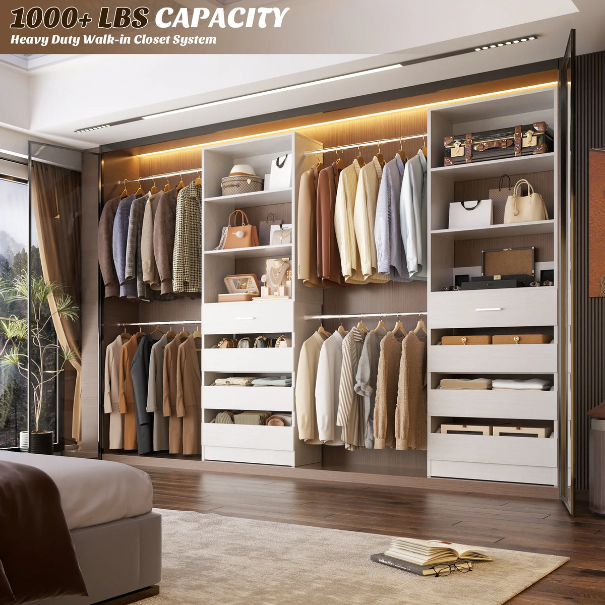 Aheaplus Wooden Closet Organizer With Drawers And Hanging Rods