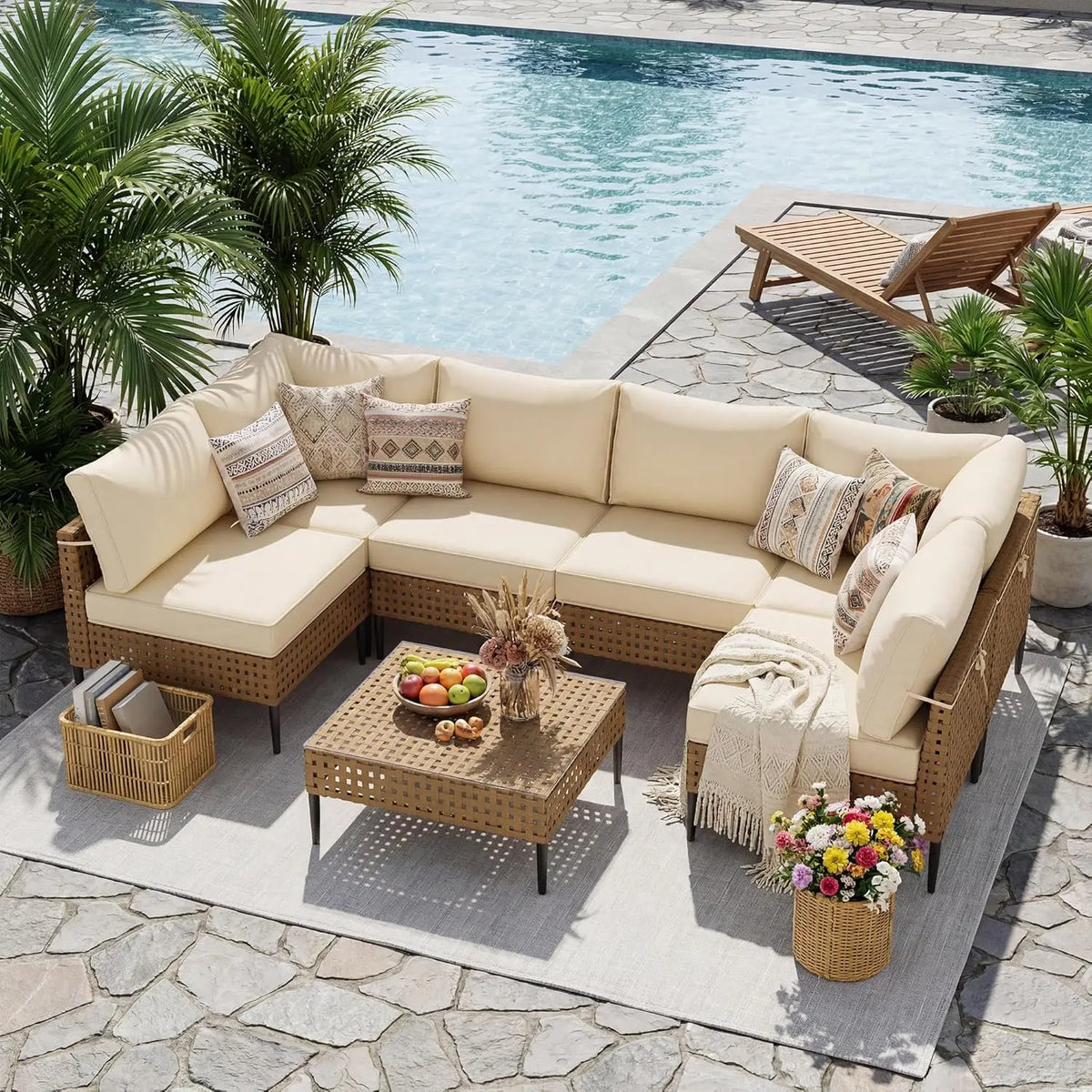 Modern Bamboo Outdoor Sectional Sofa With Glass Table