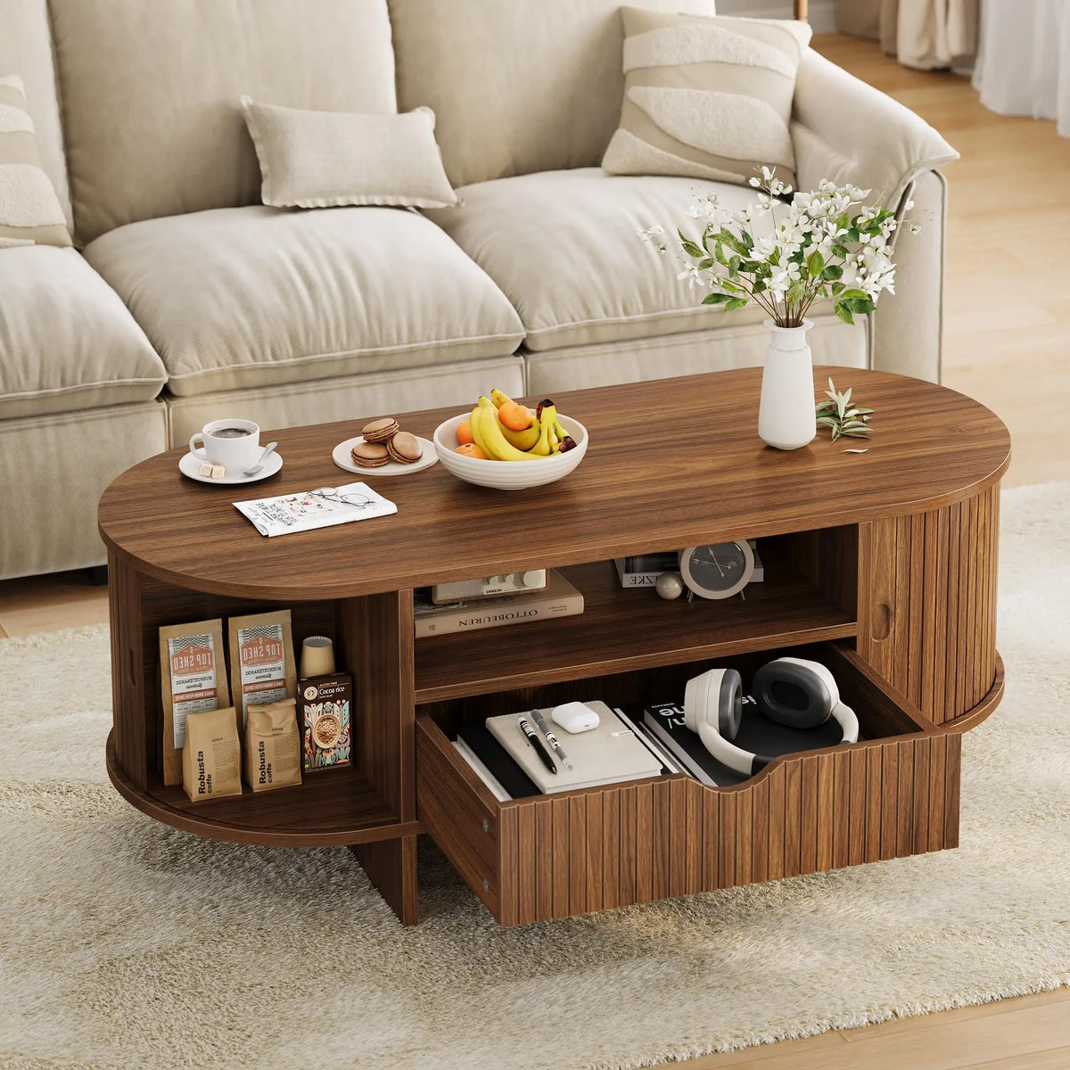 HiMiss Modern Fluted Wood Oval Coffee Table With Storage