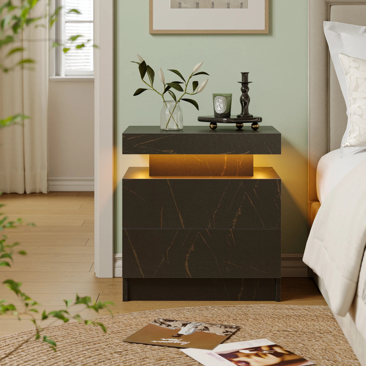 Cubehom LED Nightstand With Two Drawers And Adjustable RGB Lights