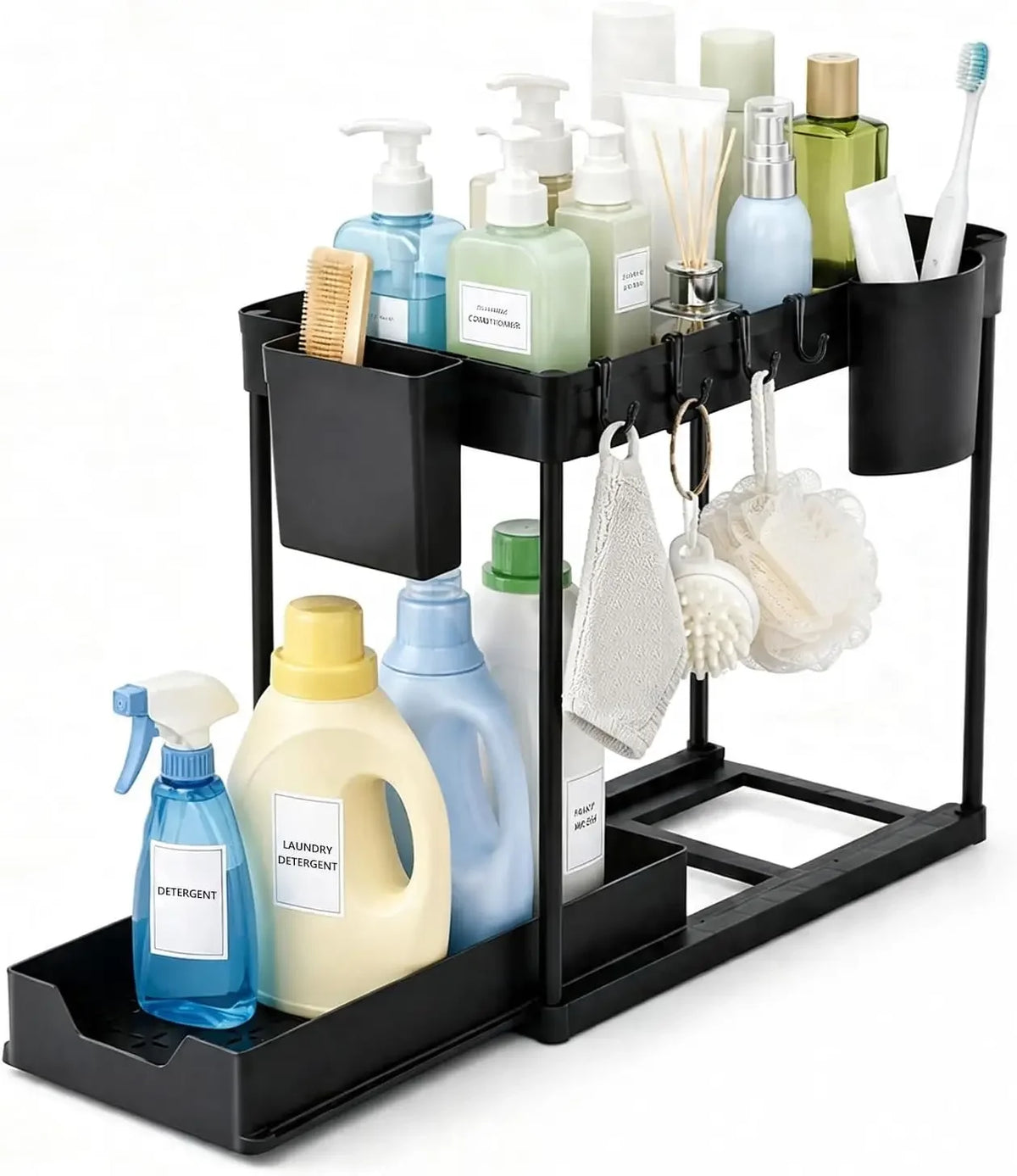 Under Sink Two Tier Pull Out Organizer With Baskets And Hooks