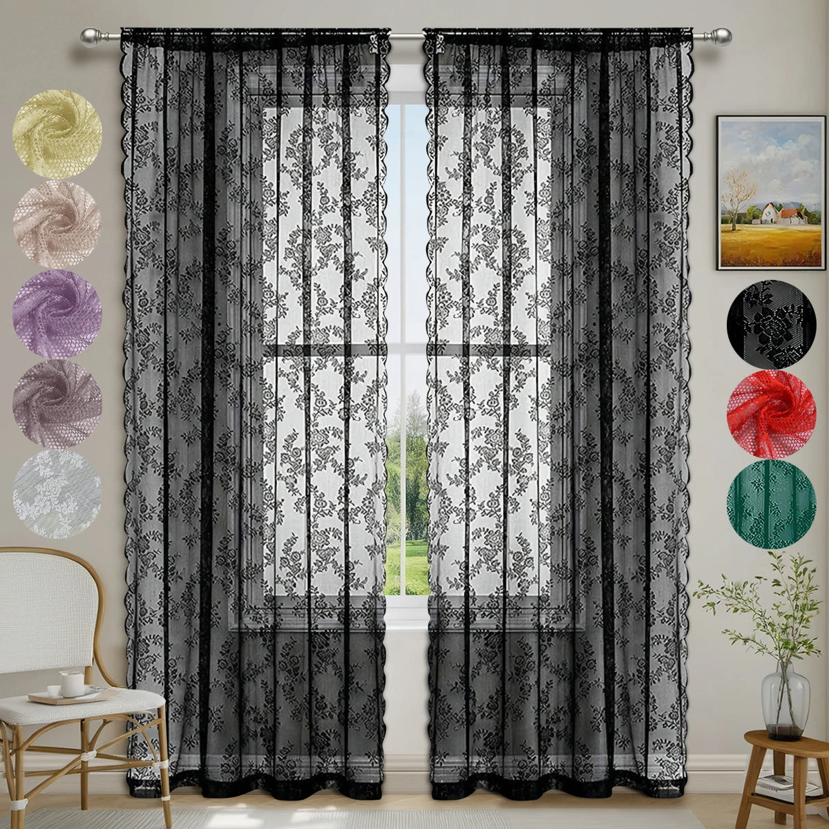 Romantic Flower Lace Sheer Window Curtain With Rod Pocket