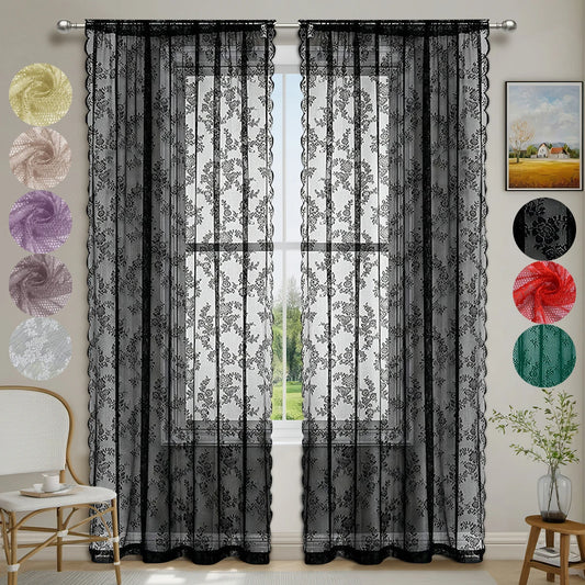 Romantic Flower Lace Sheer Window Curtain With Rod Pocket