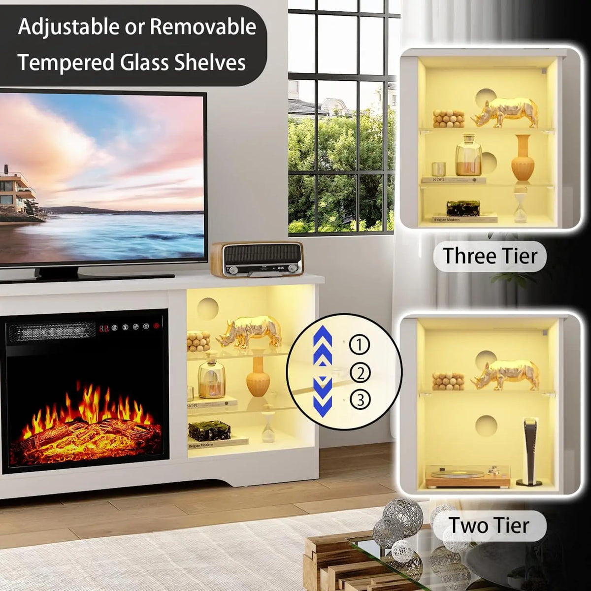 Fireplace TV Stand With Led Lights And Storage Entertainment Center