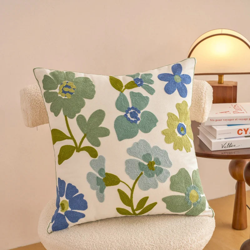 Floral Embroidered Cotton Blend Nordic Style Pillow Cover For Sofa