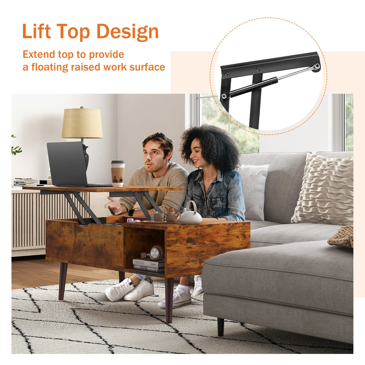 Jhk Wood Lift Top Coffee Table With Adjustable Storage Shelf