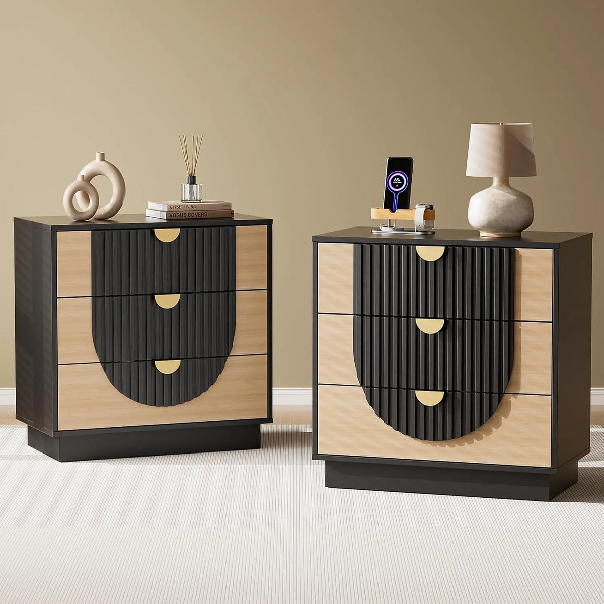 Modern Wood Nightstand With Three Drawers And USB Charging Port
