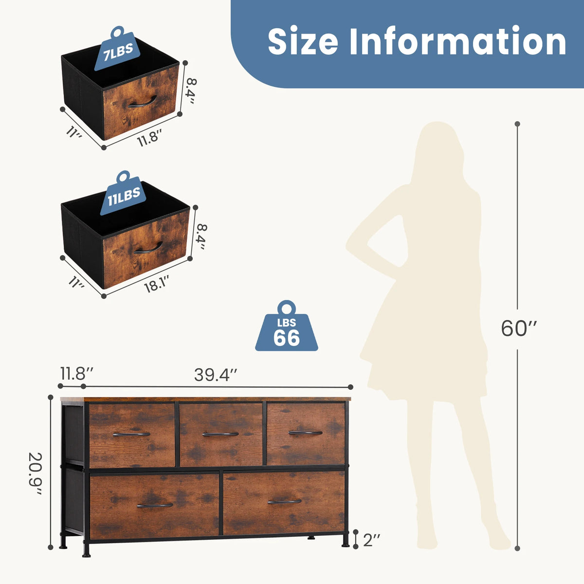 JHK Modern 5 Fabric Drawer Steel Frame Display Cabinet