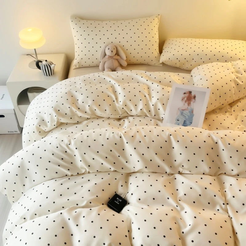 3pcs Satin Duvet cover set (1*Duvet Cover + 2*Pillowcase, Without Core), Black dot print Bedding Set, Soft Comfortable