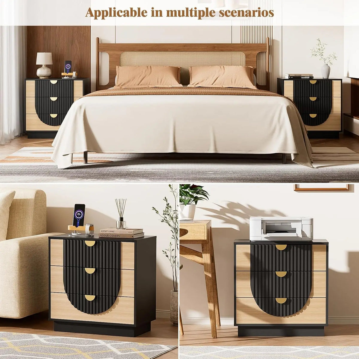 Modern Wood Nightstand With Three Drawers And USB Charging Port
