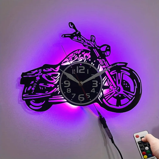 Motorcycle-Themed Wall Clock Featuring Silent Sweep Movement And Seven Color Night Light, Perfect for a 'S Room, for Man Cave, O