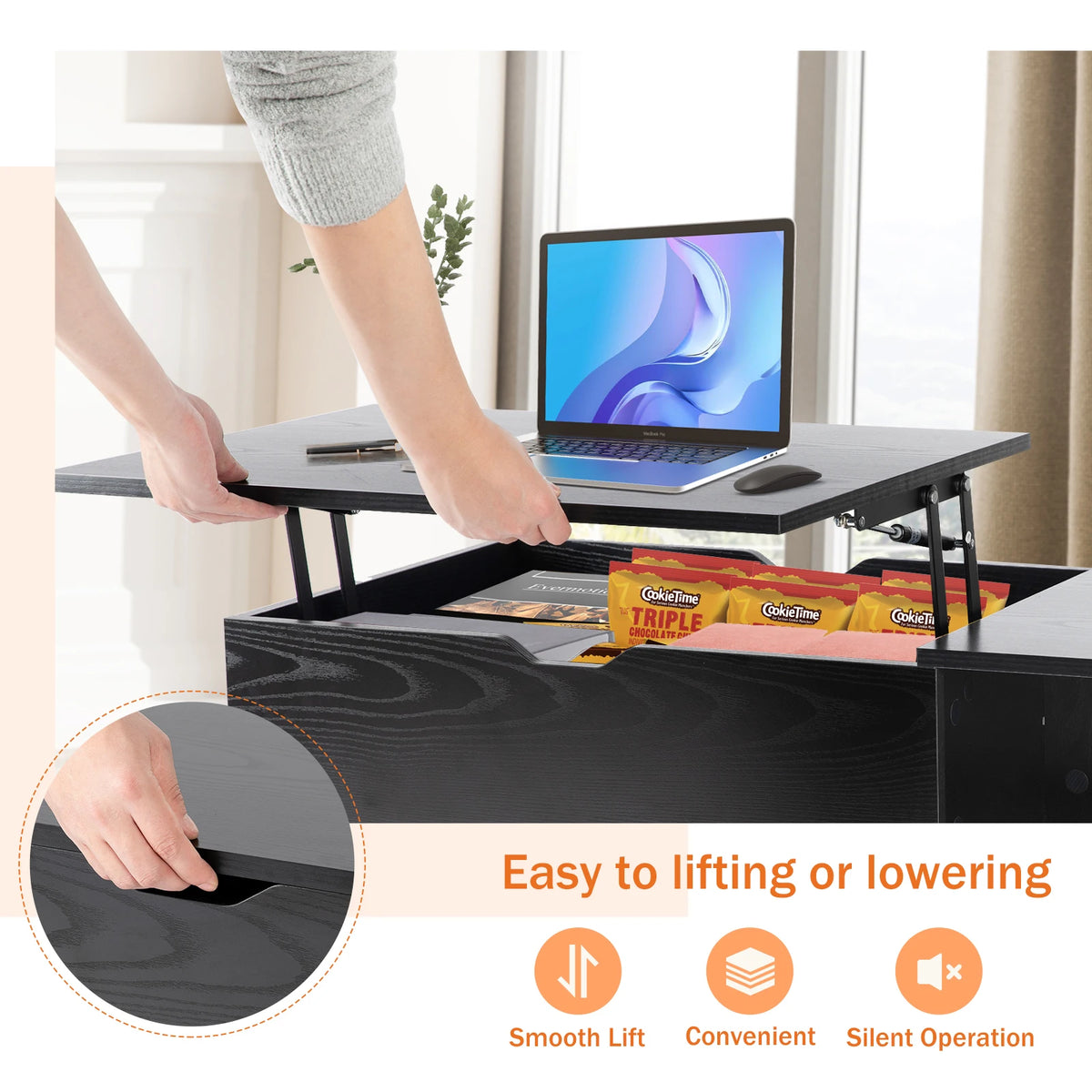 Jhk Wood Lift Top Coffee Table With Adjustable Storage Shelf