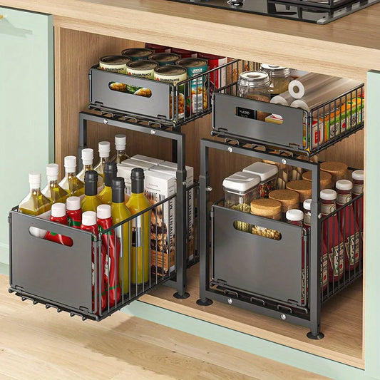 Aehome Heavy Duty Adjust 2 Tier Slide Out Under Sink Organizer Metal Kitchen Storage Shelf