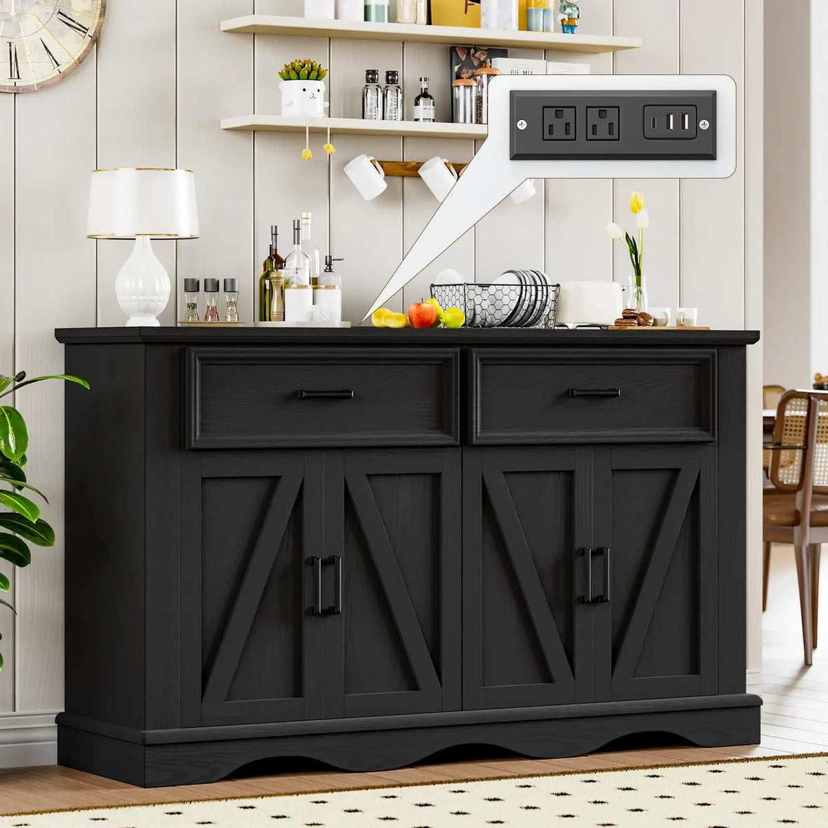Modern Farmhouse Sideboard Buffet With Charging Station And Soft Close
