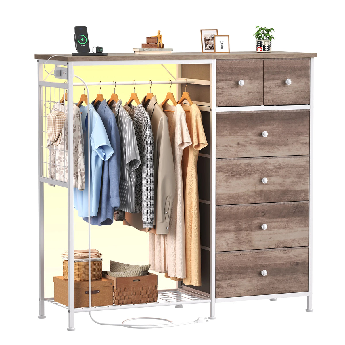 Jhk 6 Drawer Fabric Dresser Hanging Rack Charging Station