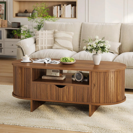 HiMiss Modern Fluted Wood Oval Coffee Table With Storage