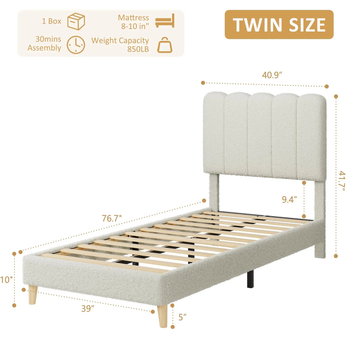 Modern Upholstered Platform Bed With Wave Headboard And Wooden Slats