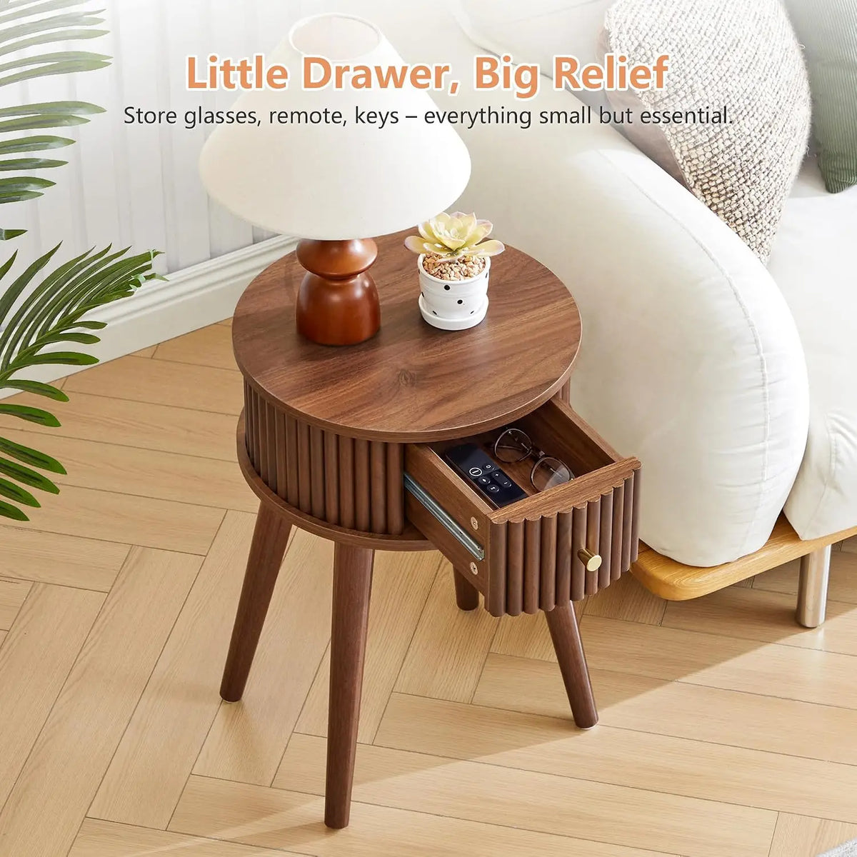 Mid Century Modern Round Fluted Side Table Set With Drawer