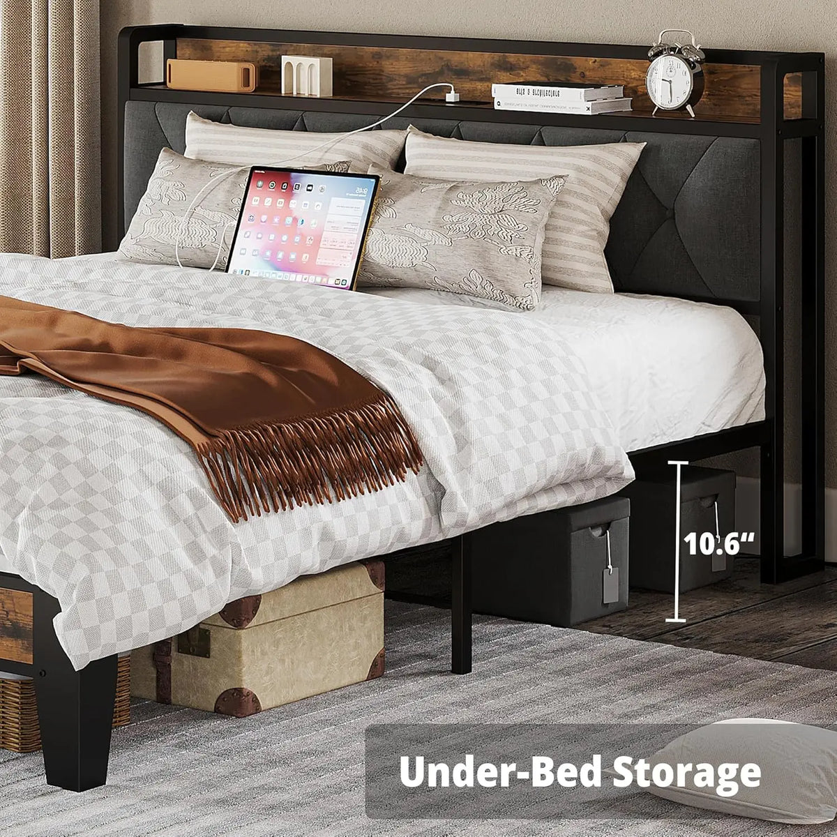 ANCTOR Modern Bed Frame With Storage Headboard Built In Outlets