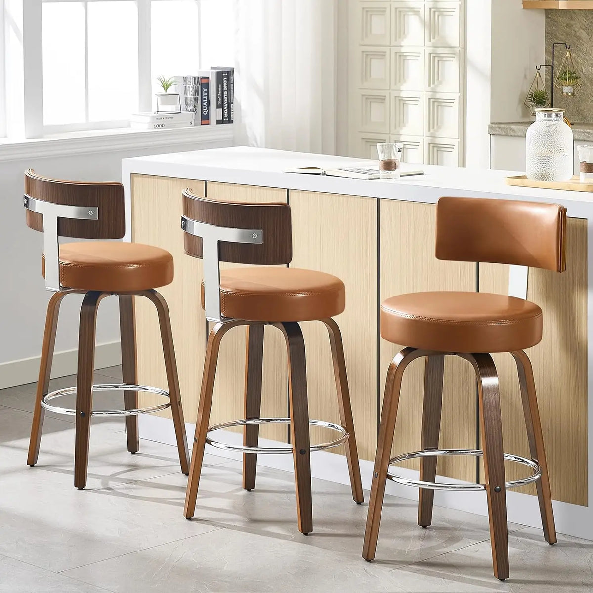 Elegant Kitchen Bar Stools With Leather Cushions And Wood Frames