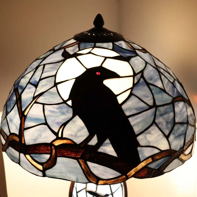 Raven On Bare Branch Full Moon Tiffany Stained Glass Lamp