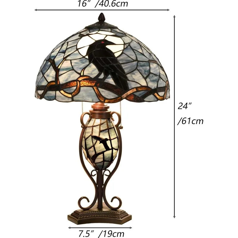 Raven On Bare Branch Full Moon Tiffany Stained Glass Lamp
