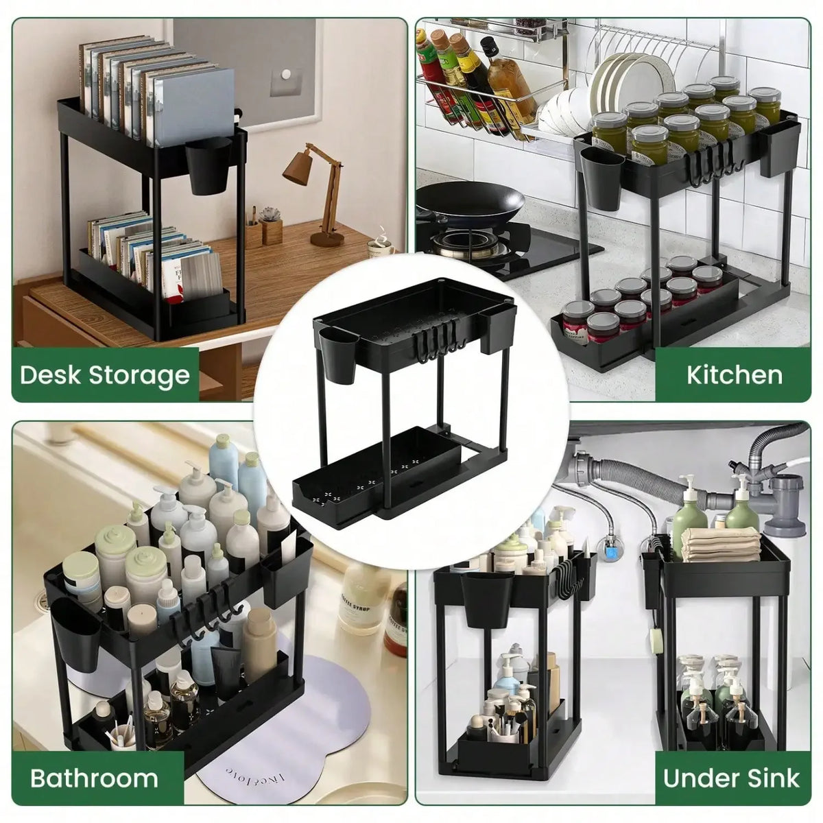 Under Sink Two Tier Pull Out Organizer With Baskets And Hooks