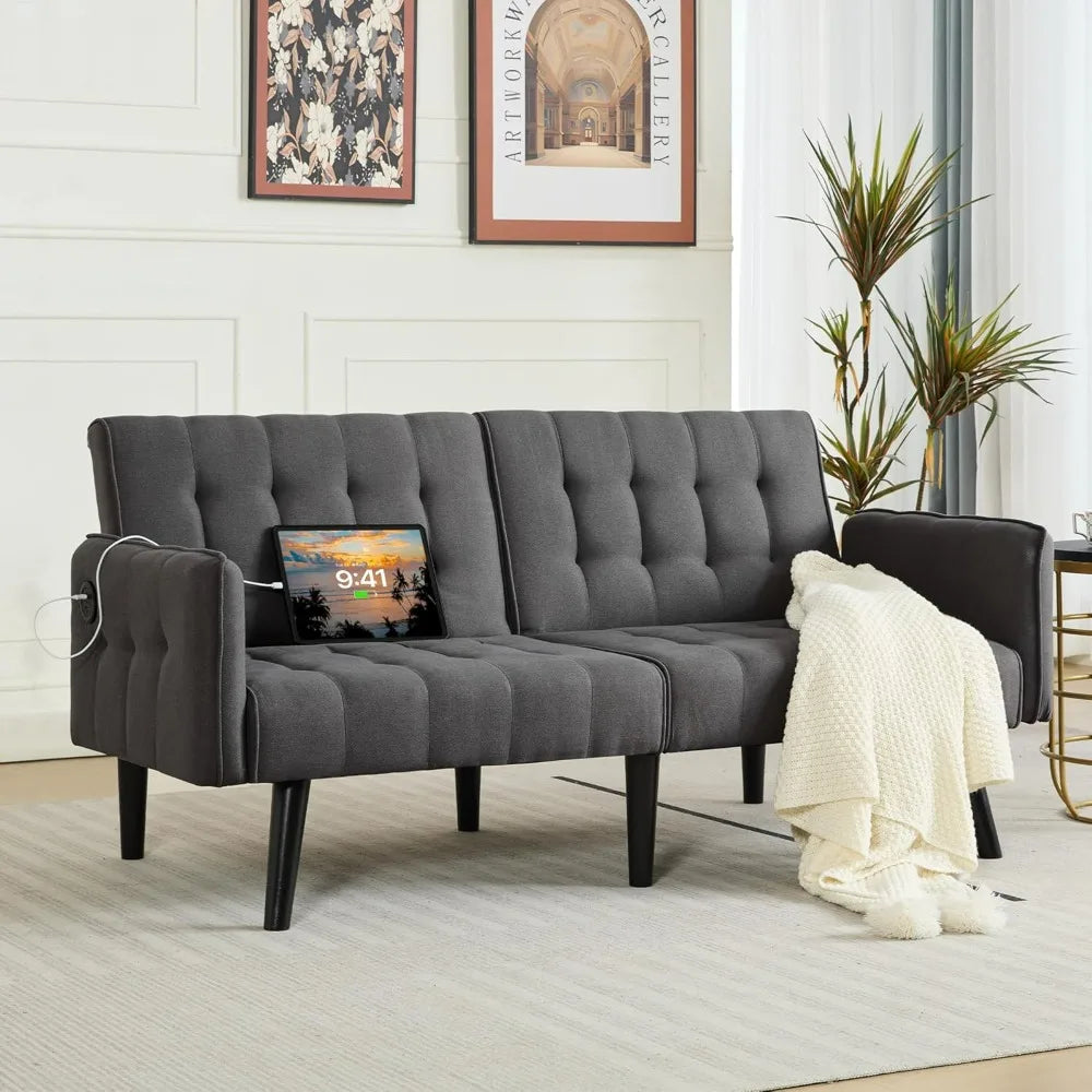 TYBOATLE Tufted Adjustable Futon Sofa Bed With USB Charging Ports