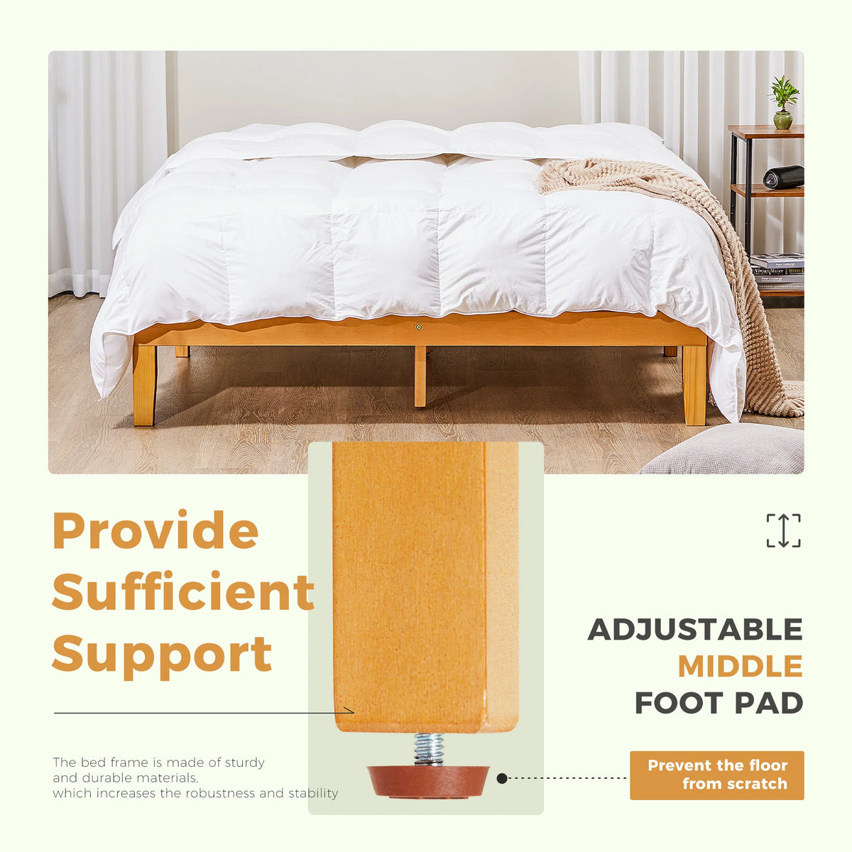 JHK Durable Pine Wood Bed Frame With Sturdy Slat Support