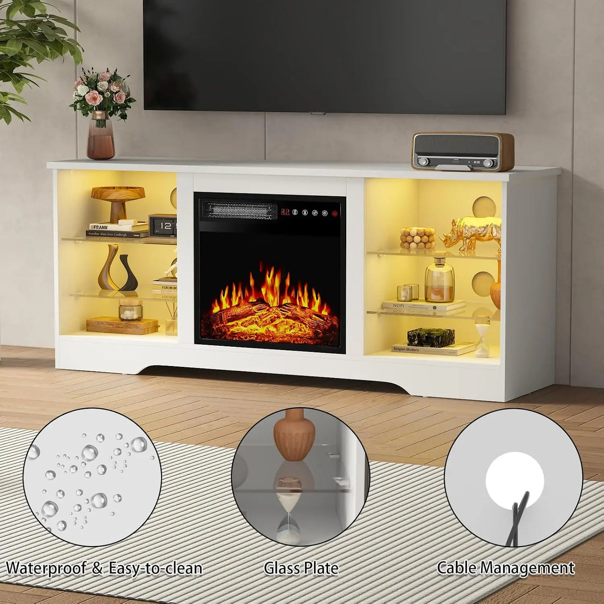 Fireplace TV Stand With Led Lights And Storage Entertainment Center