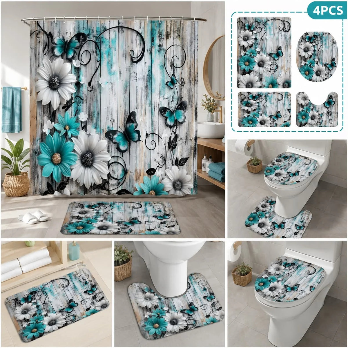 Floral Butterfly Bathroom Set With Shower Curtain And Rugs