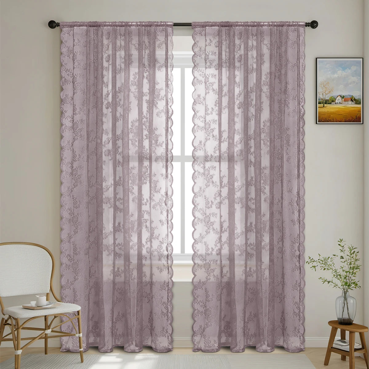 Romantic Flower Lace Sheer Window Curtain With Rod Pocket