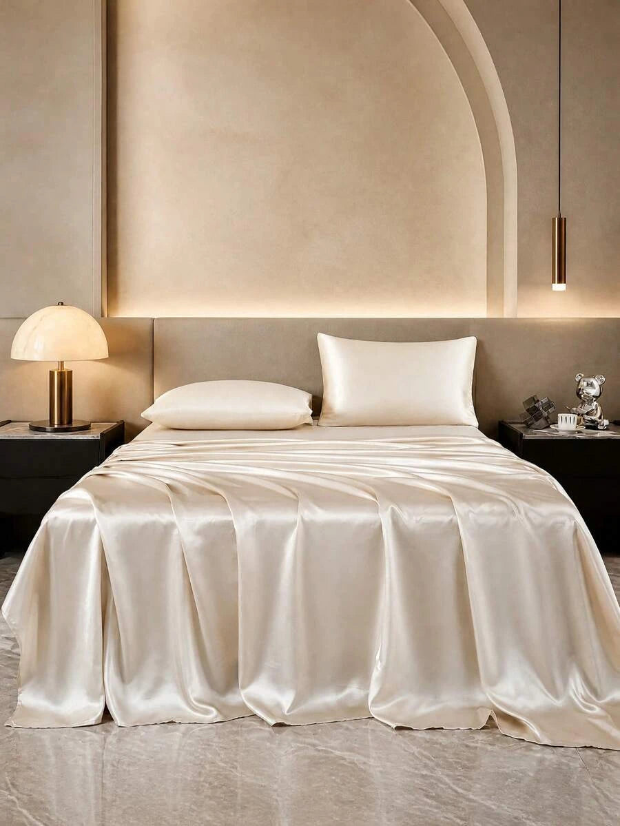 Premium Solid Color Silky Satin Bedding Set 4Piece Fitted Sheet Pillowcases