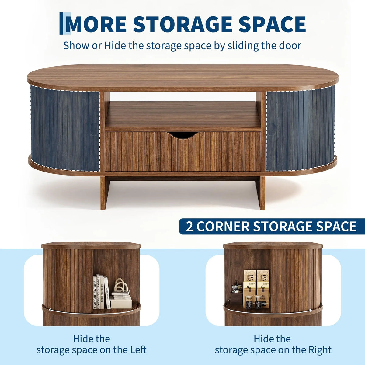 HiMiss Modern Fluted Wood Oval Coffee Table With Storage