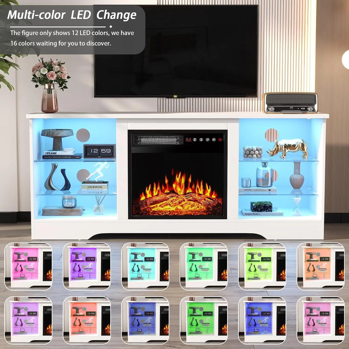 Fireplace TV Stand With Led Lights And Storage Entertainment Center