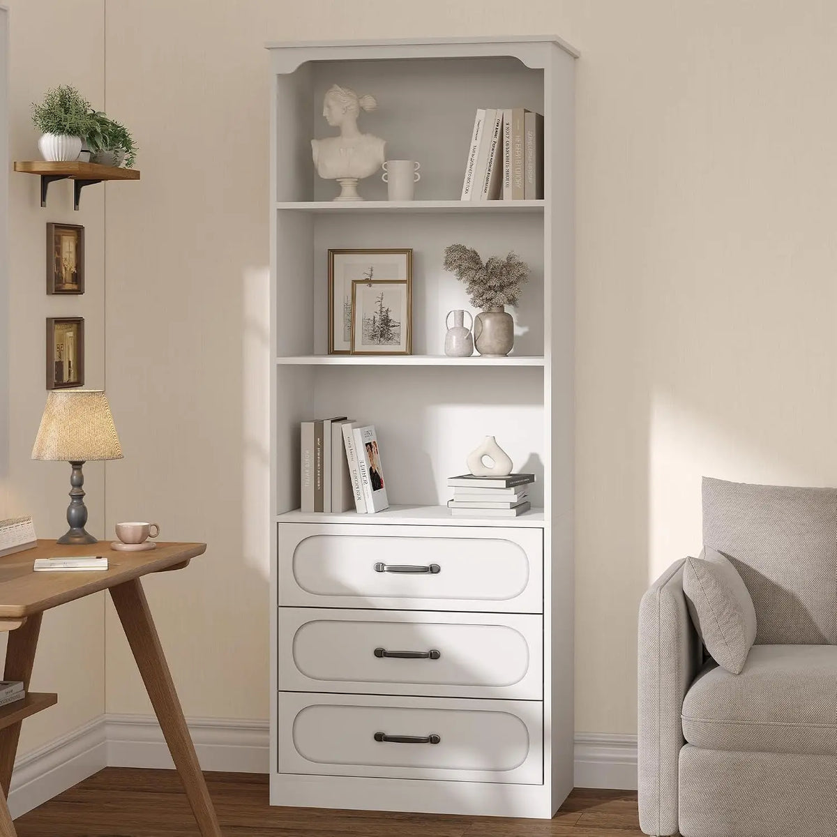 Garvee Wood Bookcase With Adjustable Shelves And Storage Drawers