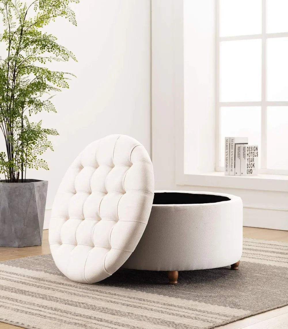 Storage Ottoman Footstool Metal Frame Cushioned With Lid Round
