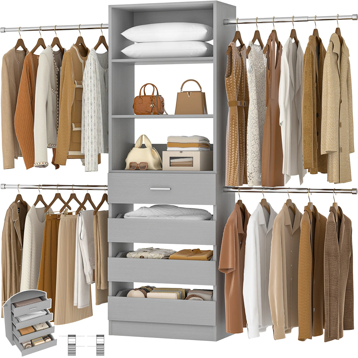 Aheaplus Wooden Closet Organizer With Drawers And Hanging Rods