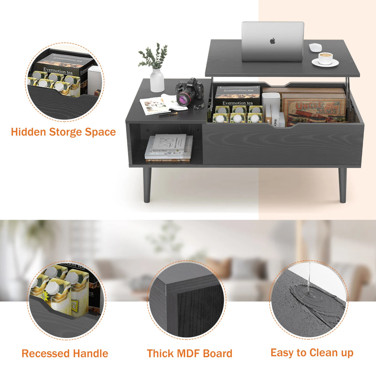 Jhk Wood Lift Top Coffee Table With Adjustable Storage Shelf