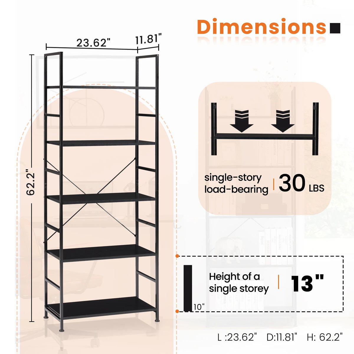 JHK Metal Bookcase Modern Home Office Storage Organizer