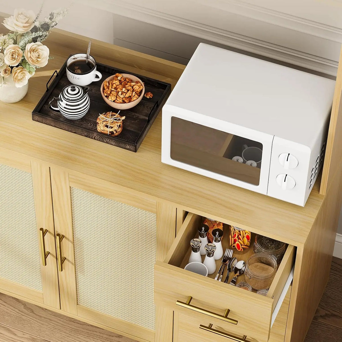 HiMISS Freestanding Rattan Kitchen Pantry Storage Cabinet