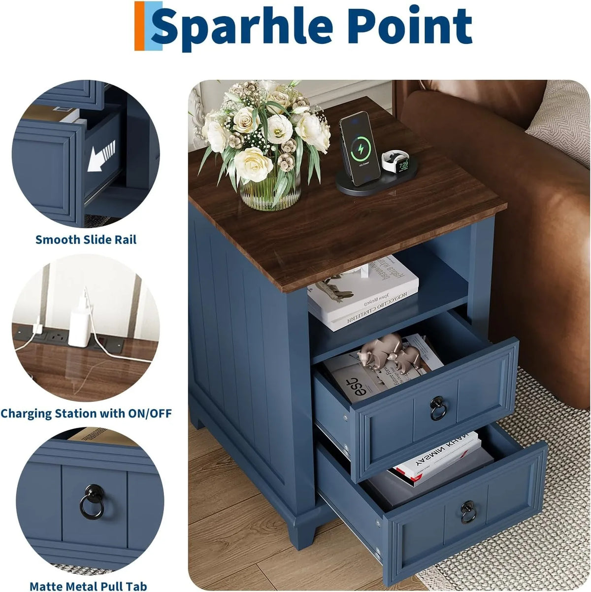 Modern Fluted Wood Nightstand With Usb Charging Station And Shelf