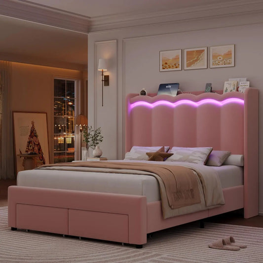 Velvet Wingback Bed Frame With USB Charging And Storage Drawers