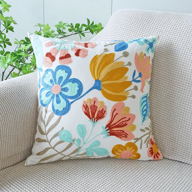 Floral Embroidered Cotton Blend Nordic Style Pillow Cover For Sofa