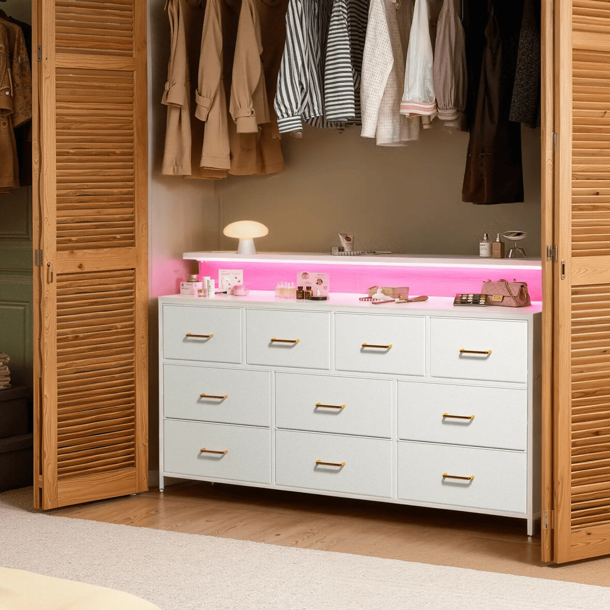EnHomee 55 Inch Multi Function Dresser Ten Fabric Drawers Led Lighting